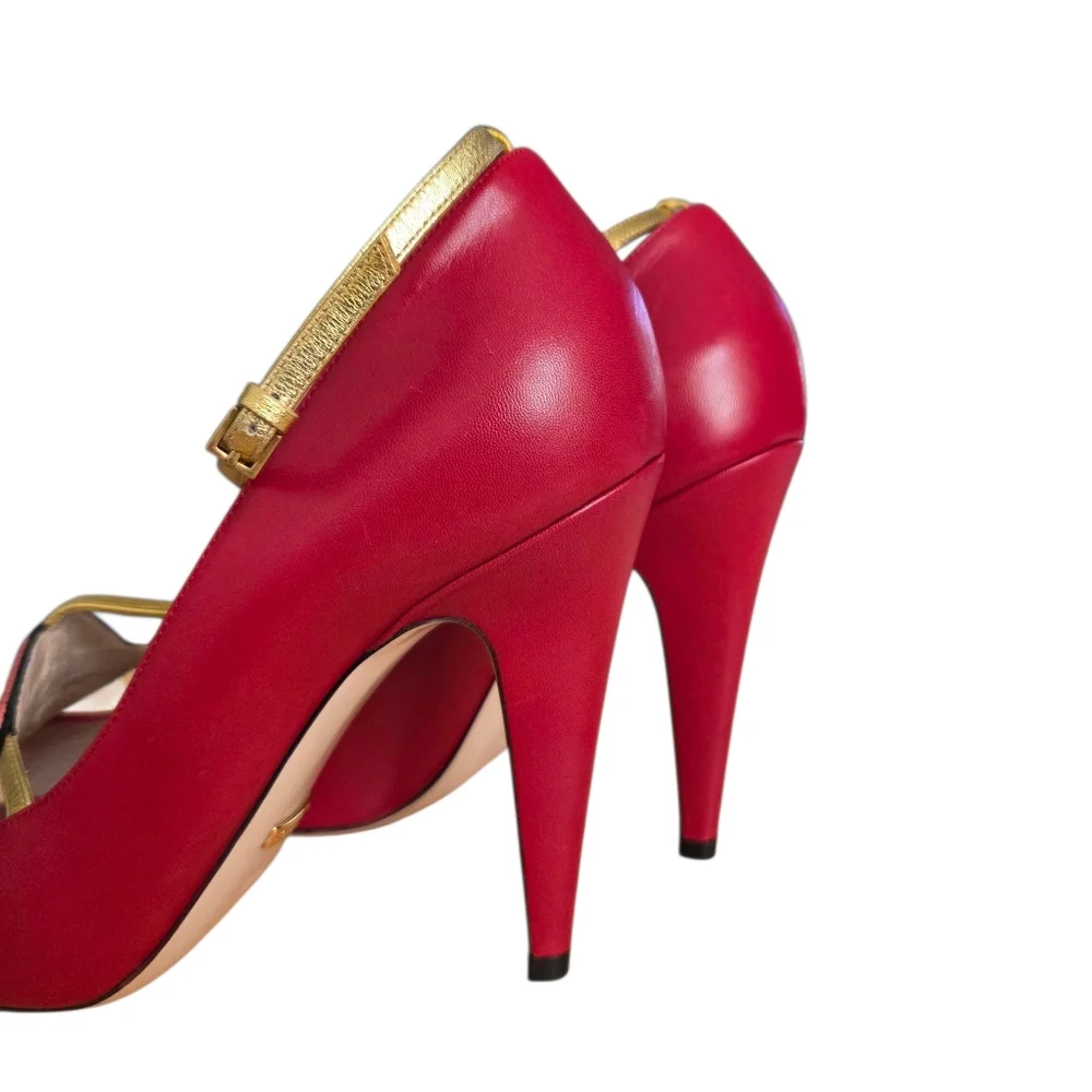 Iconic Gucci Molina Lips T-Strap Heels Red Gold Leather Pumps 38.5 - Picture 7 of 16